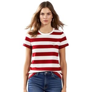 Guess Los Angeles Womens Red White Striped Logo Crew Neck T-Shirt Size S NEW